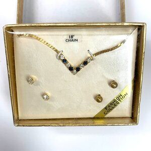 Vintage Jewelry Set Gold Tone Curb Chain Necklace Crystal Stud Earrings